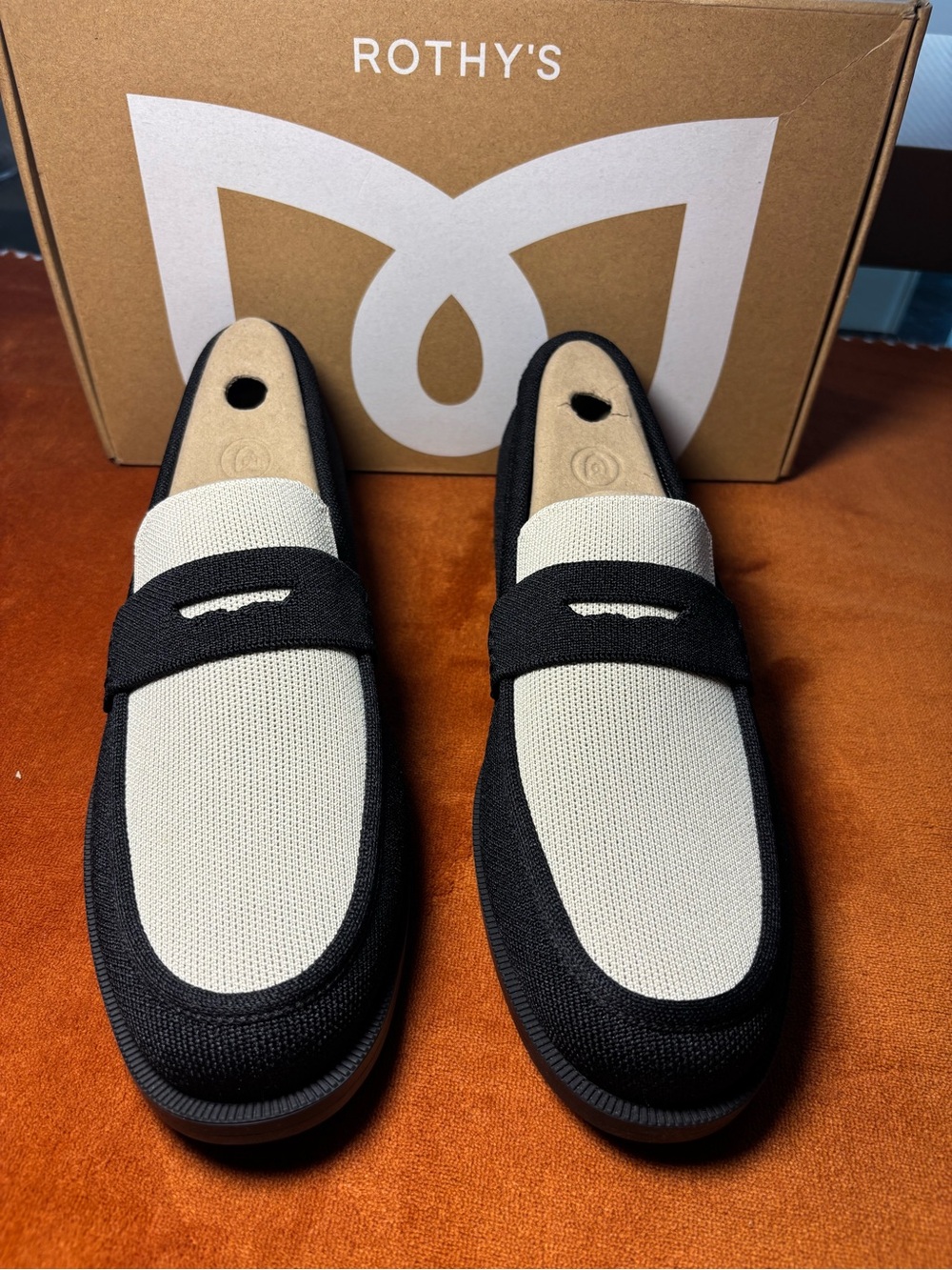 Rothy's Black and Cream Knit Penny Loafers